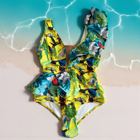 DINA MEDINA Tropical Ruffle Sleeve Bathing Suit Swimsuit Size Large - Picture 1 of 8